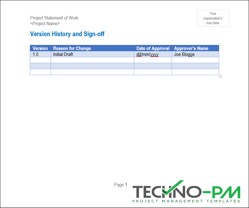 Project SOW Version History and Sign Off