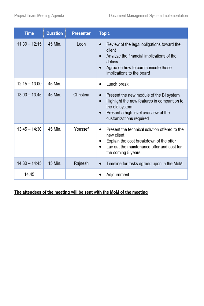 Project Team Meeting Agenda