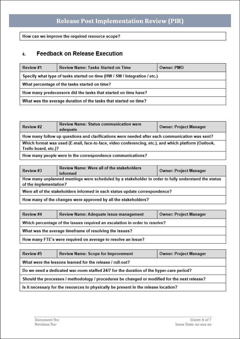 Release PIR, post implementation review