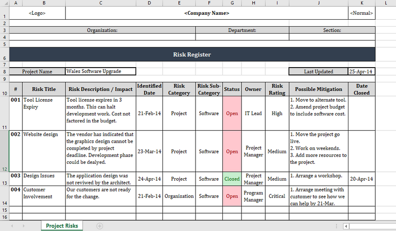 Risk Register Excel Templates