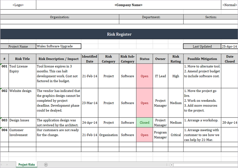 Risk Register Excel Template