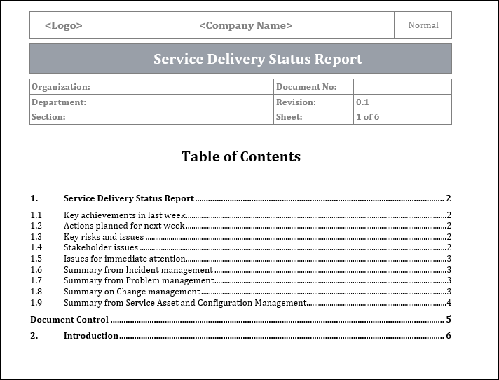 Service Delivery Status Report, Service Delivery 