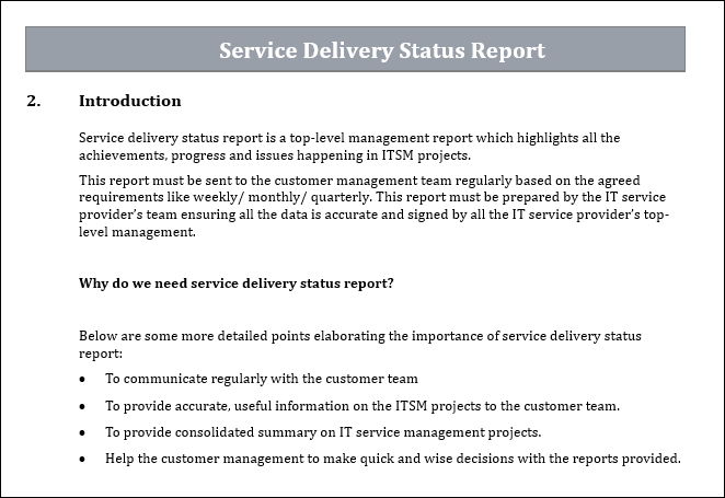 Service Delivery Status Report, Service Delivery