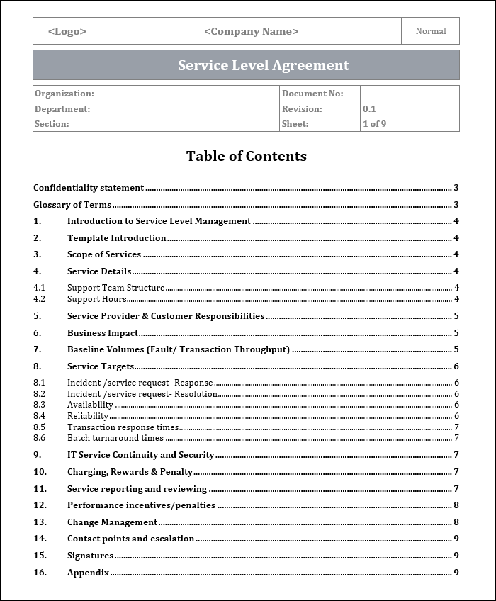 Service Level agreement Template, Service Level agreement 