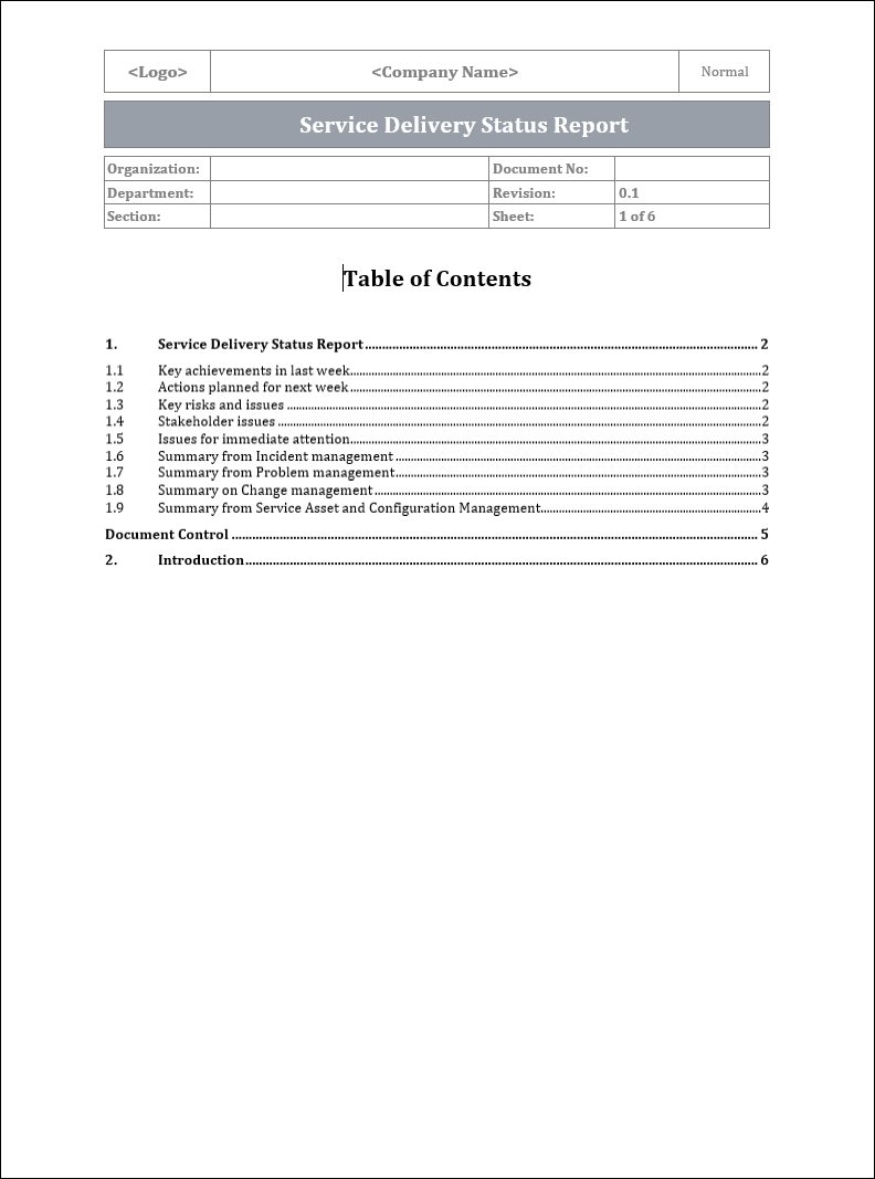 Service delivery status report, service management