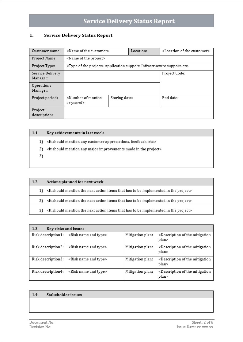 Service delivery status report, service management