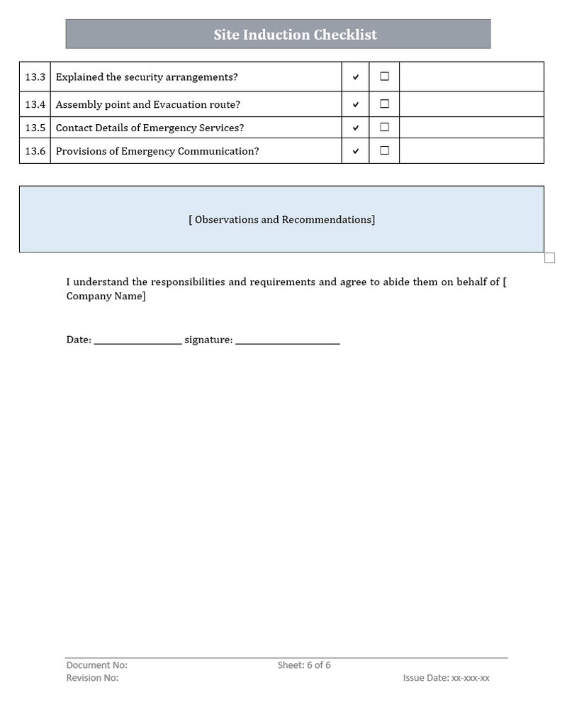 QMS Site Induction Checklist Template Word