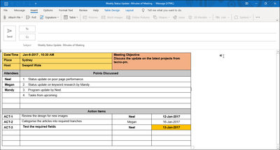 Weekly Status Update MOM Outlook Template, mom format email, minutes of meeting format