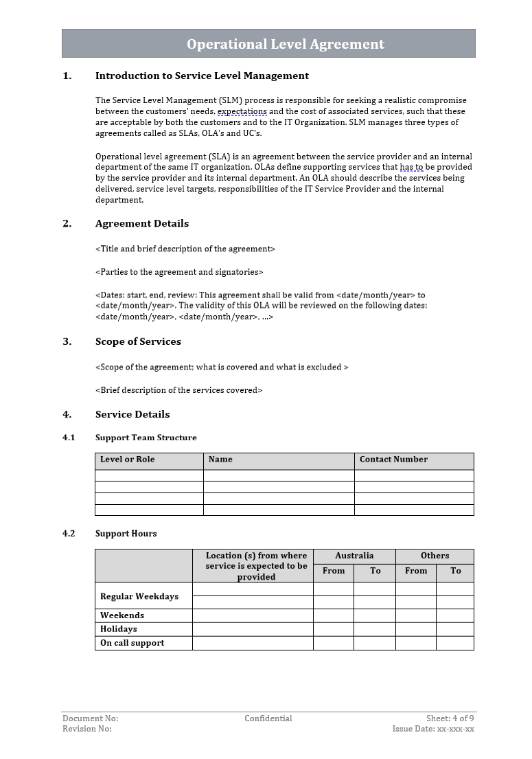 Operational Level Agreement Template Free