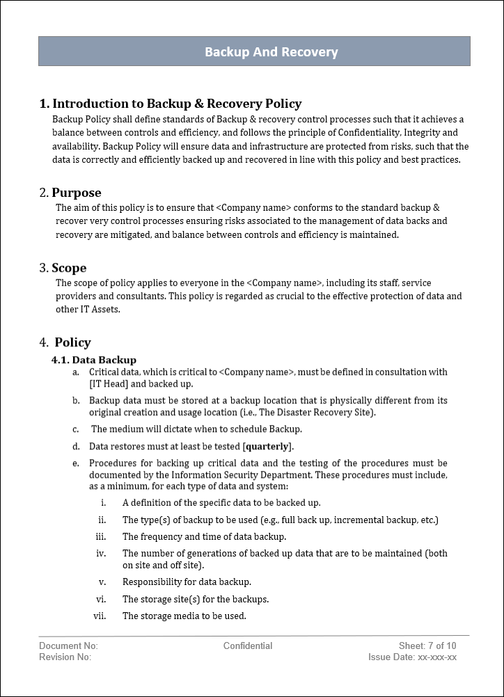 backup and recovery policy, backup and recovery , backup and recovery template