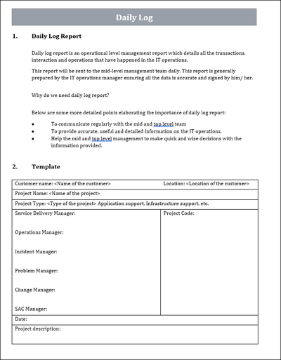 Pro Core Example Daily Log Daily Log Template – ITSM Docs - ITSM Documents & Templates