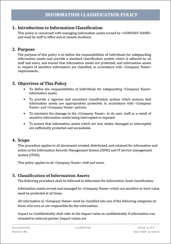 Data Classification Policy Example Information Classification Policy – ITSM Docs - ITSM Documents & Templates