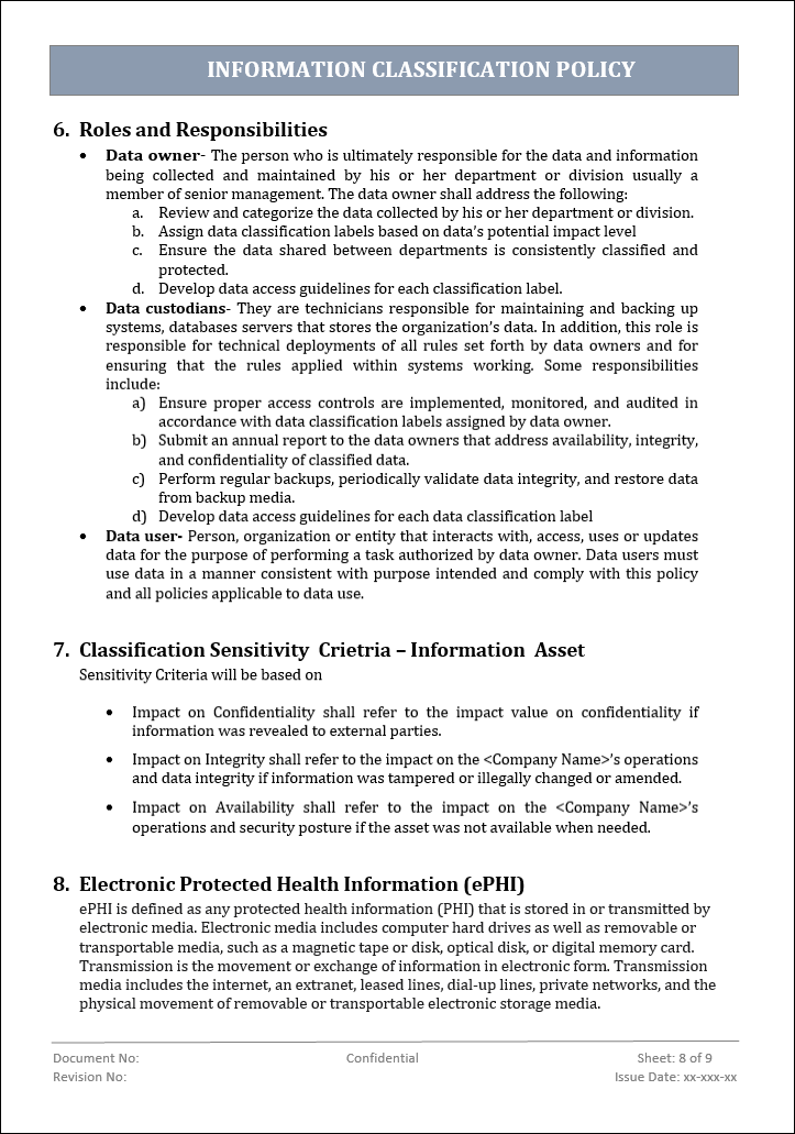 information classification policy, information classification, information classification template