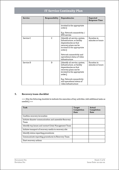 IT service continuity plan, service management