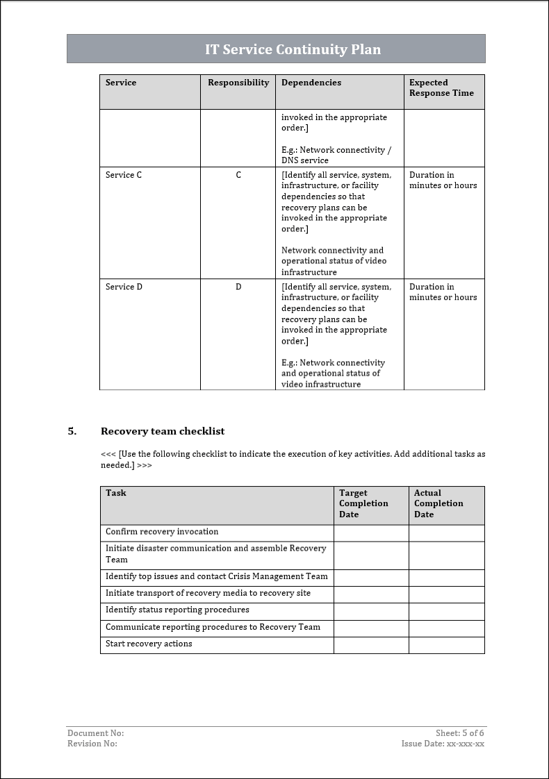 IT service continuity plan, service management