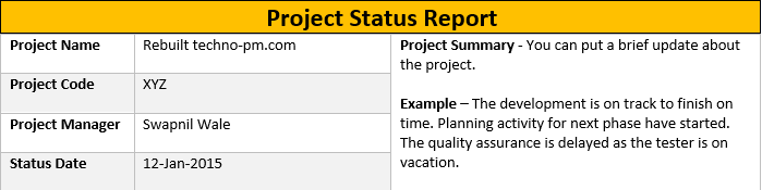 One Page Weekly Project Status Report