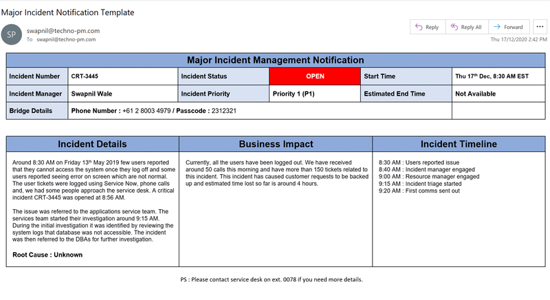 Major Incident Notification Template, Major Incident Notification