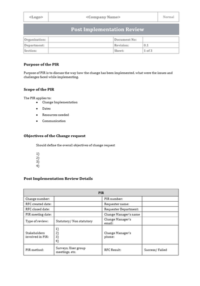 Pir Report Sample Post Implementation Review Template – ITSM Docs - ITSM Documents ...