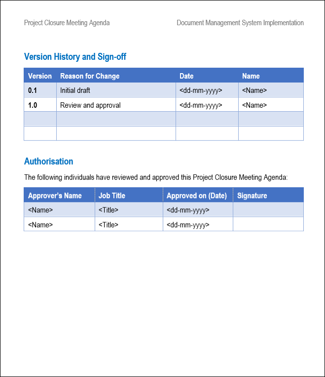 project closure meeting agenda, project closure