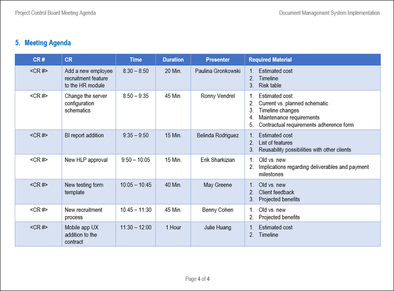 project control board meeting agenda, project control board