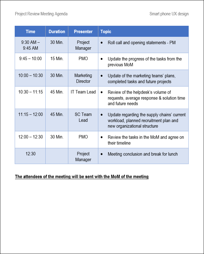 Project Review Meeting Agenda, Project Review